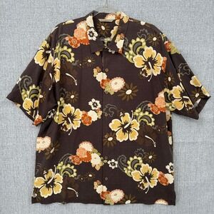 Tommy Bahama Silk Hawaiian Shirt Floral Tropical Button Up Brown Sz XL Camp‎